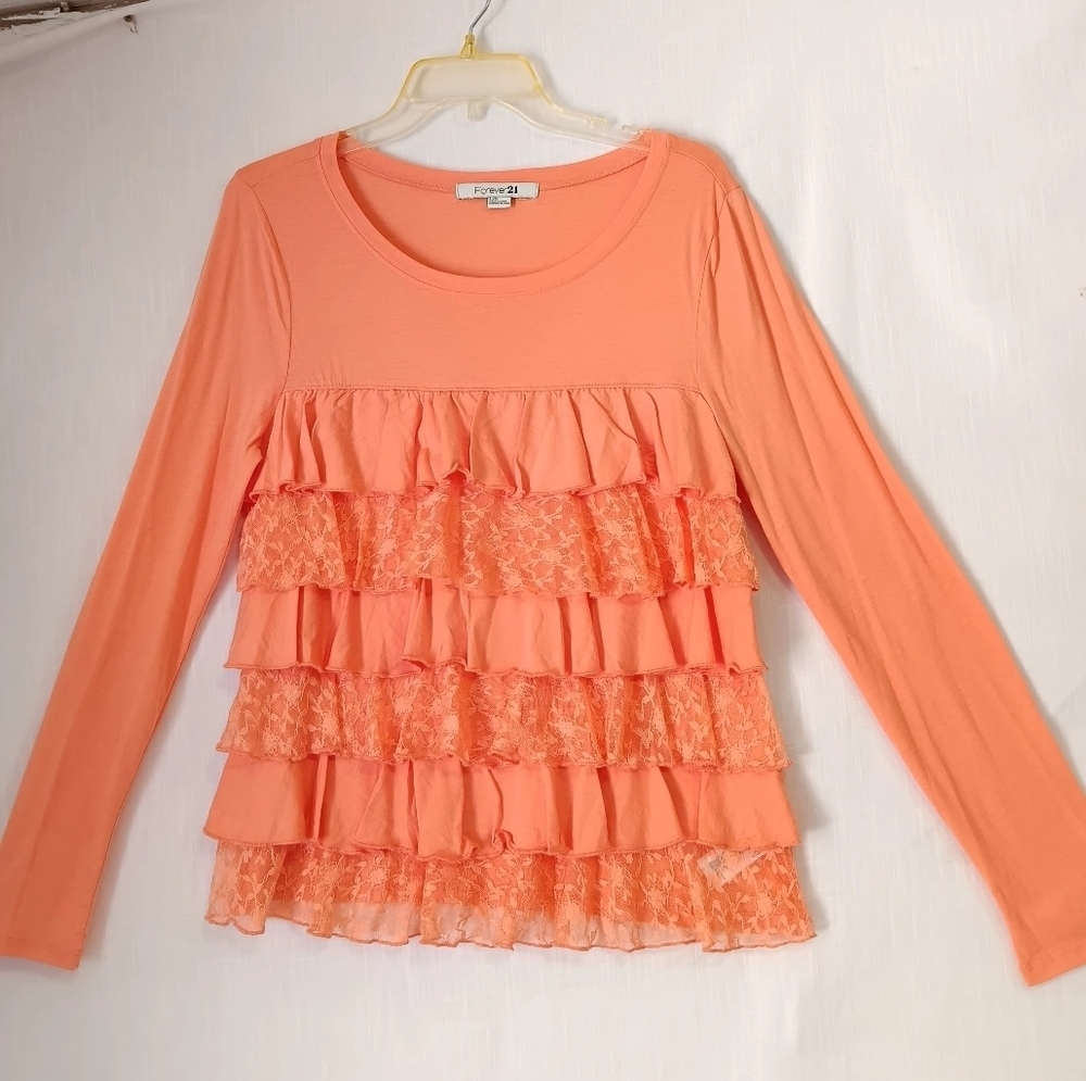 NWOT Top Blouse Tiered Front Lace ruffles, cotton modal, Long Sleeve,sz L. - Picture 2 of 14